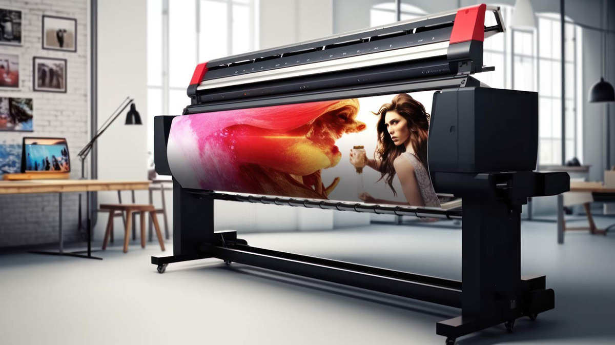 Large format vinyl banner printing machine on printshop background