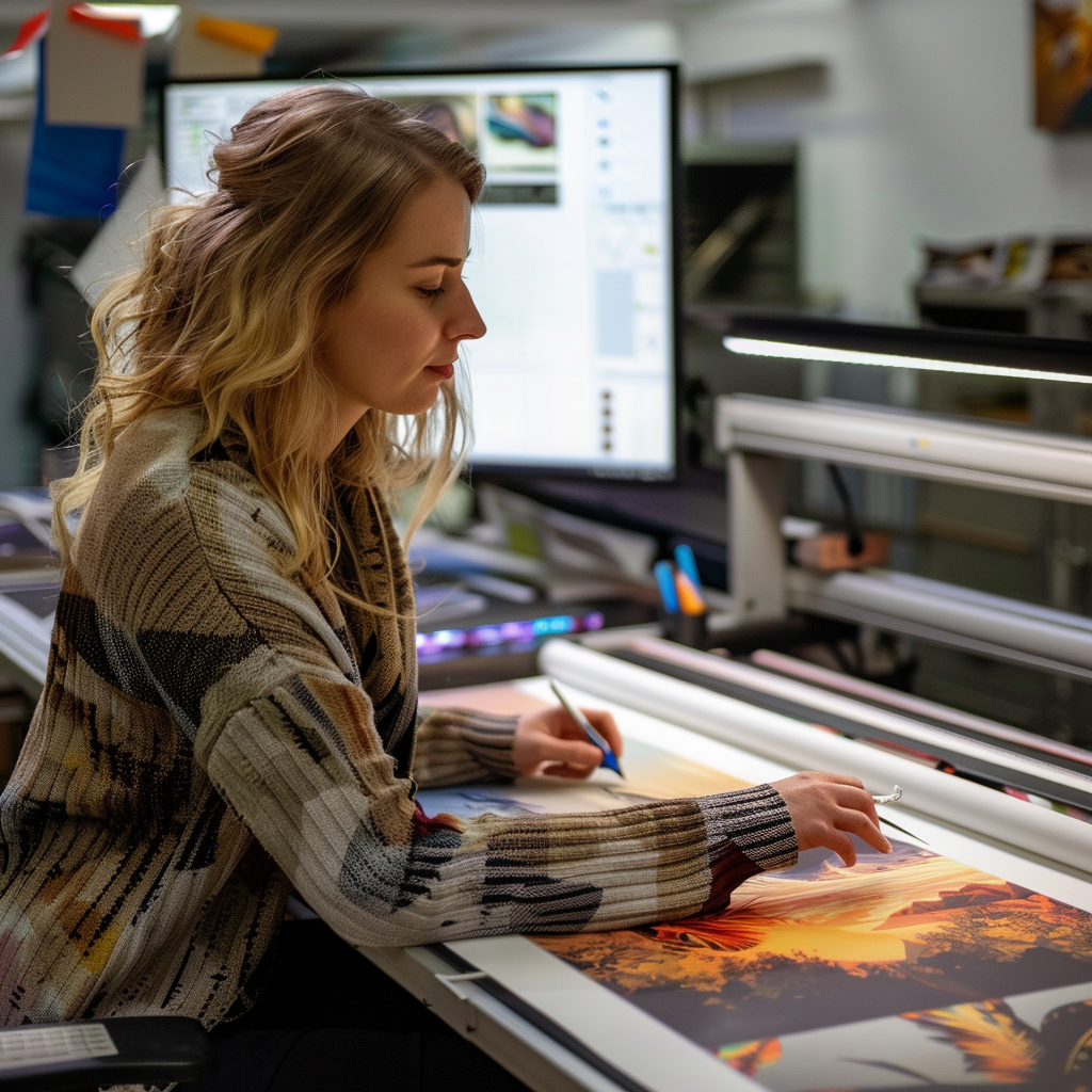 woman designing a custom vinyl banner for a customer