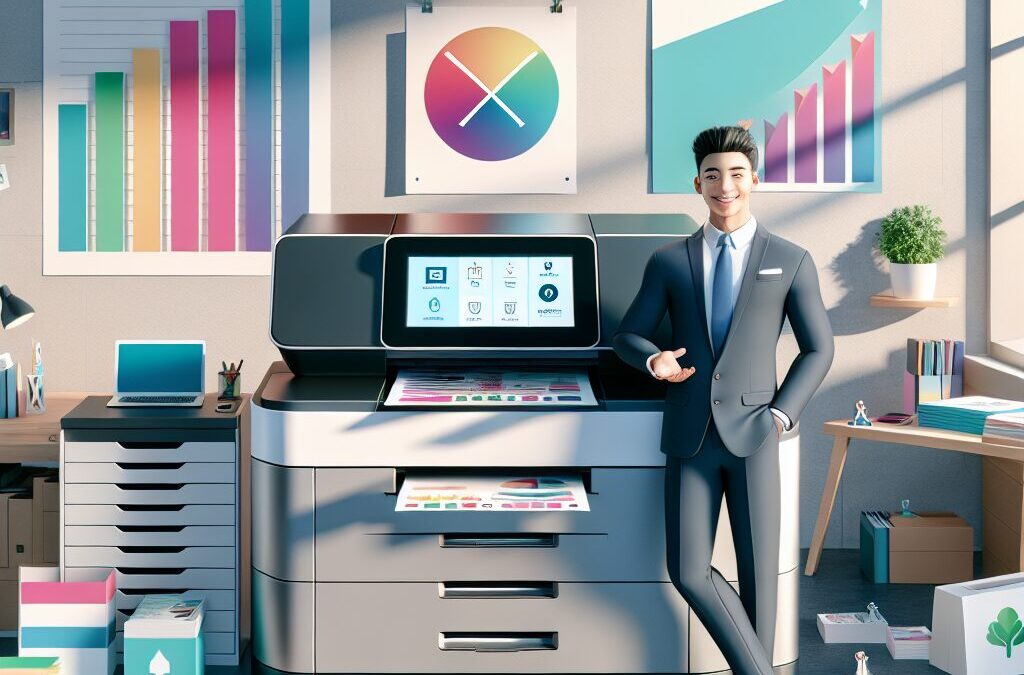 digital printing benefits shows a man standing near digital printing press with many different printed items around him on the floor