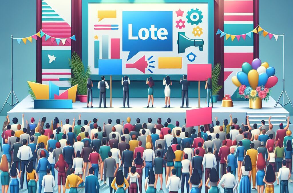 animated image of banners hung on a stage with a crowd of people watching